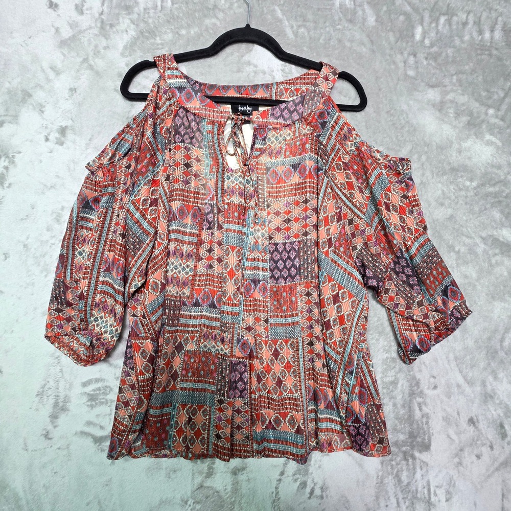 By & By Cold Shoulder Blouse 1X Patchwork Crochet Back Boho Top Multi Color